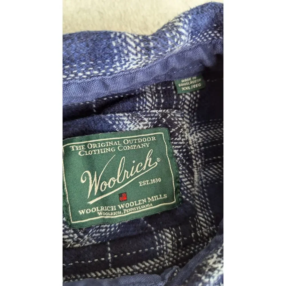 Woolrich Men‎ Shirt XXL Blue Plaid Shacket Heavy Weight Pockets Warm Button Up